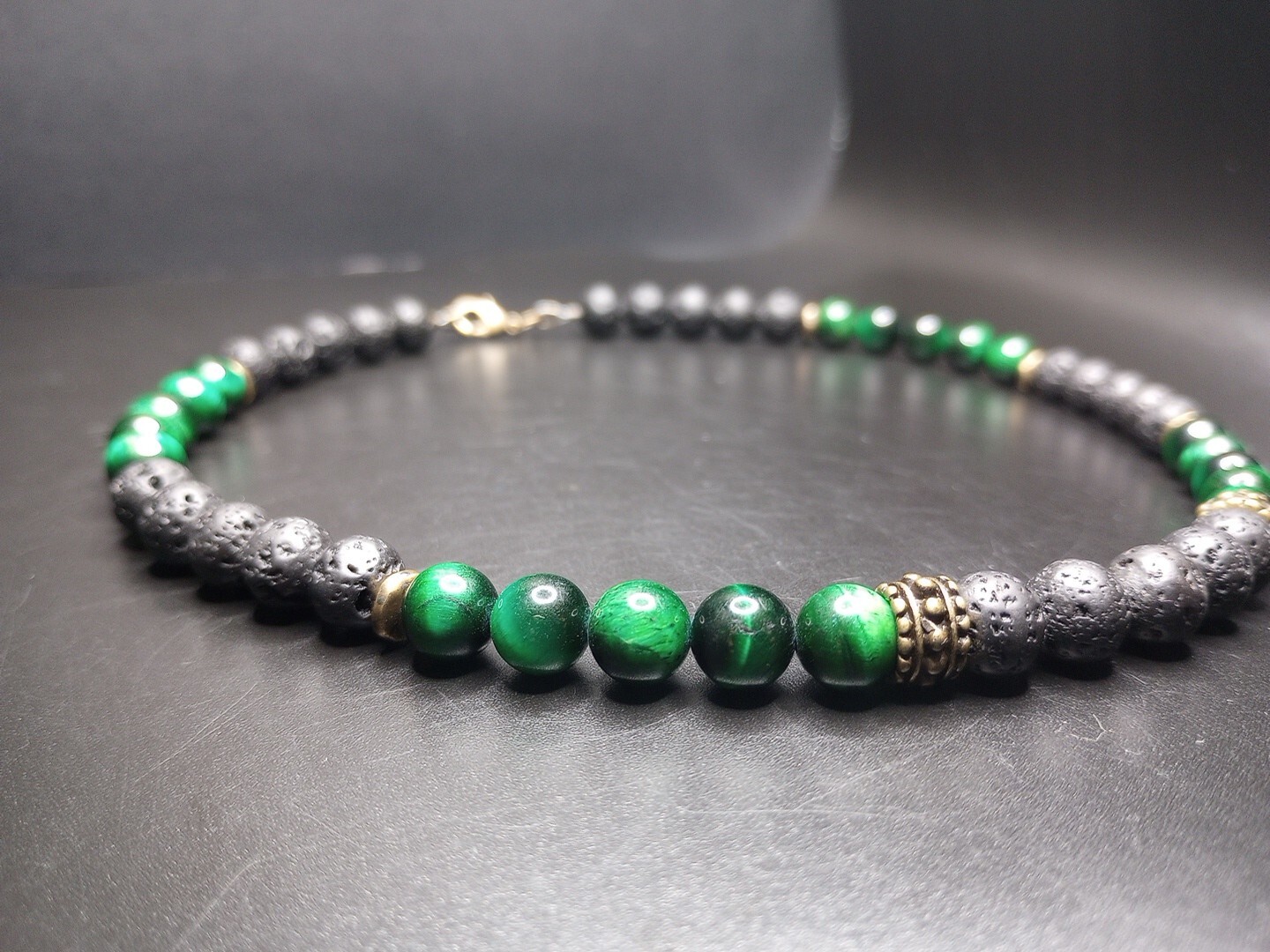 Black Lava Rock and Green Tiger’s Eye Necklace 16″