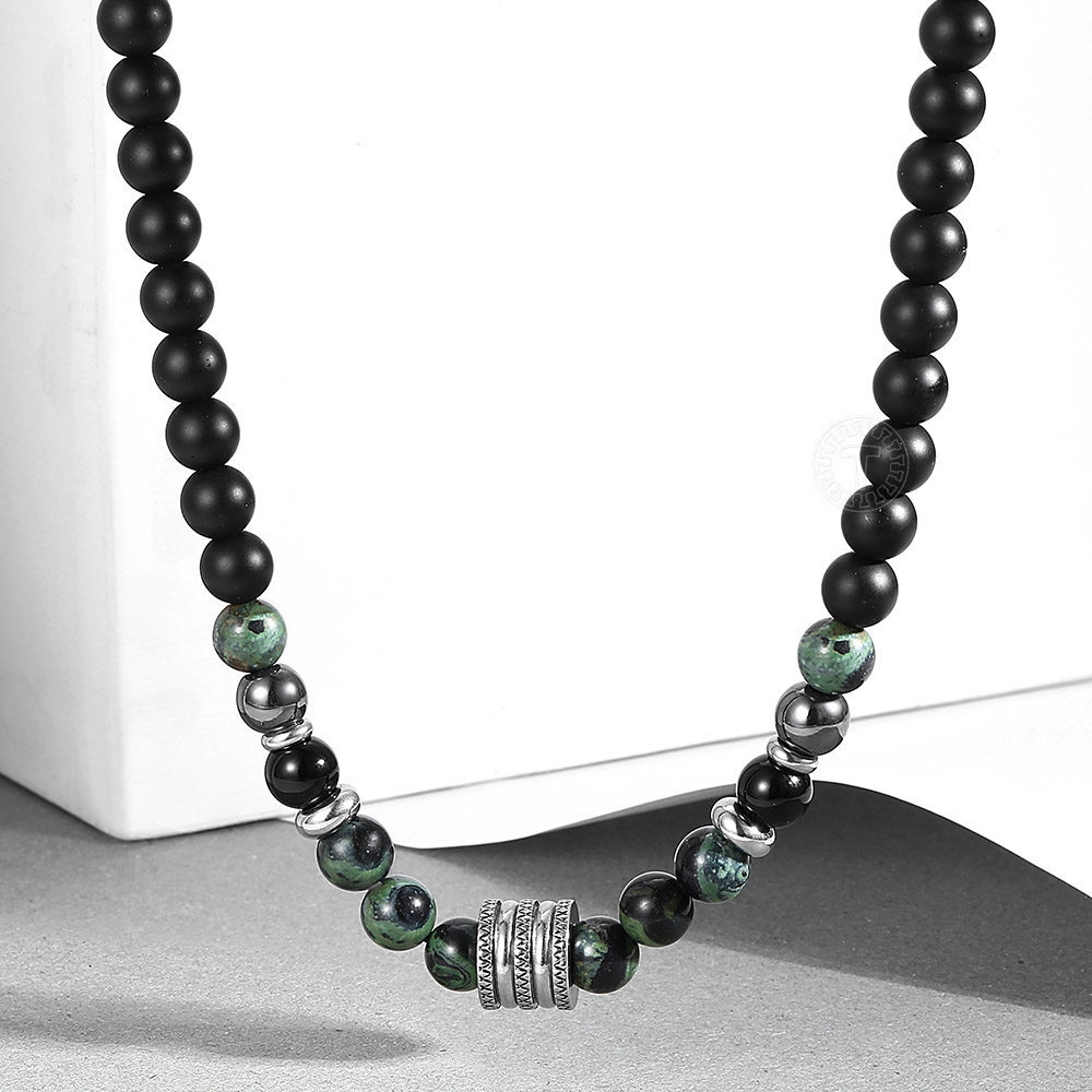 8MM Natural Black Matte Polar Jade Beaded Necklace Stainless Steel Toggle Choker