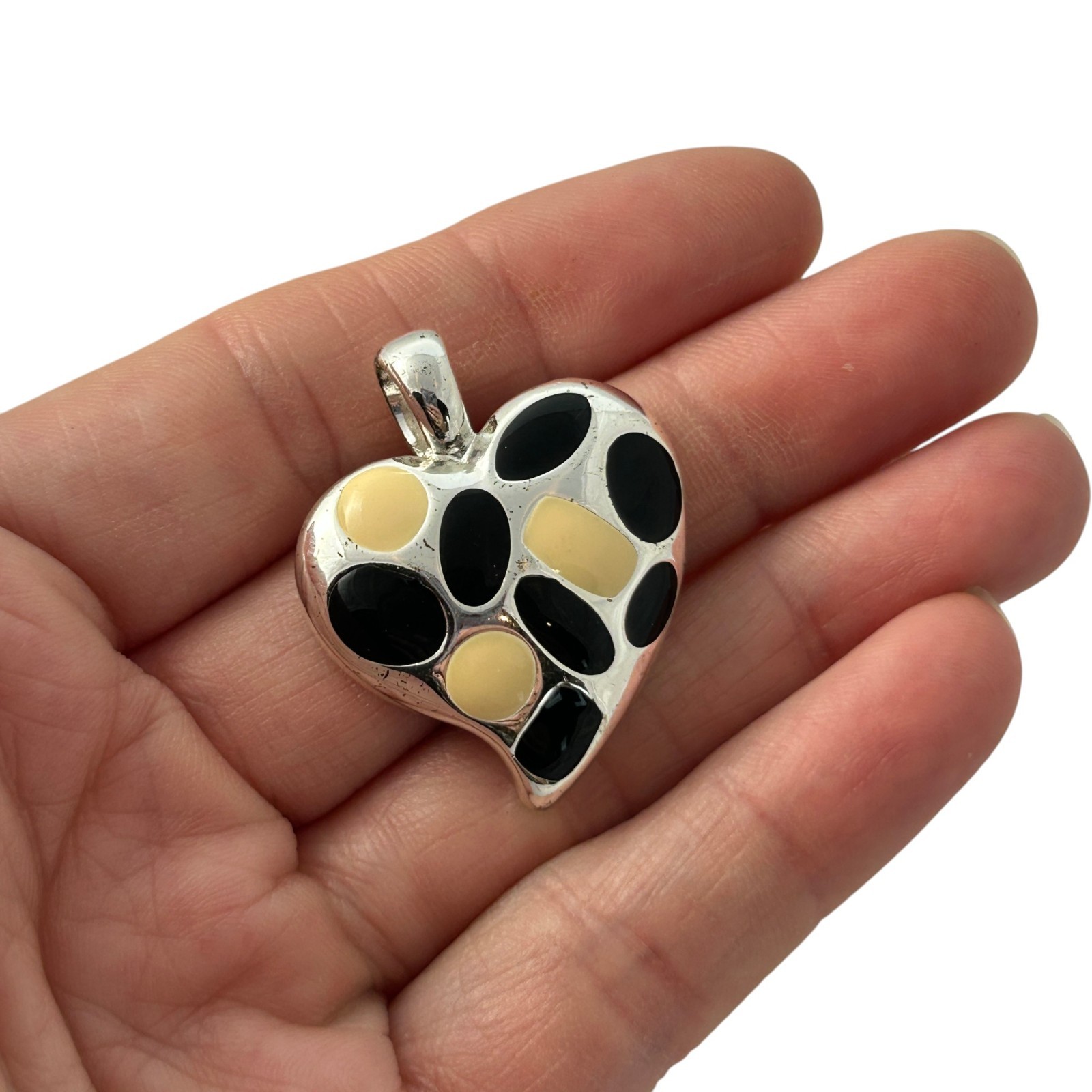 Silver Tone Heart Pendant Black Yellow Enamel Abstract Modern Charm