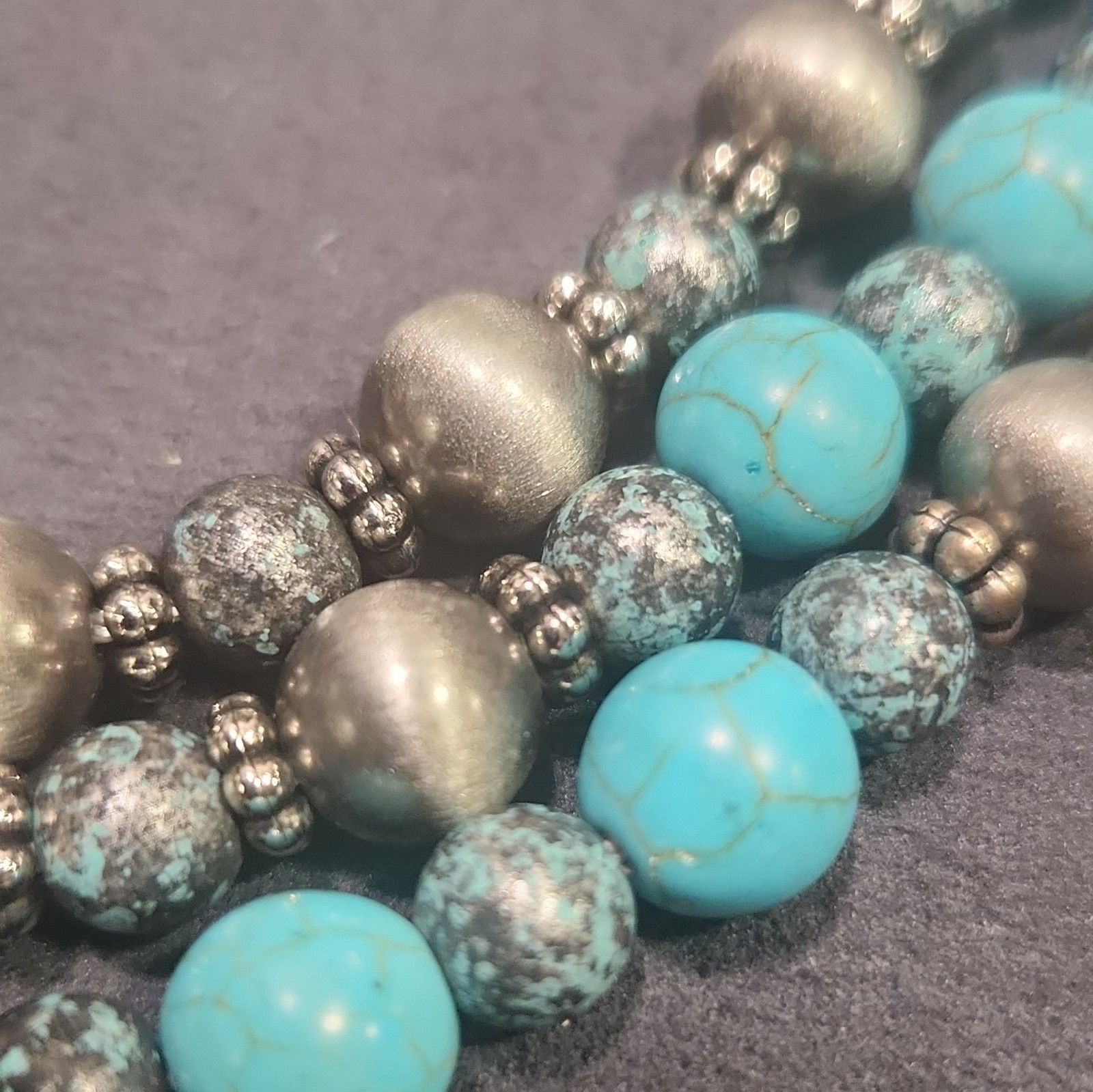 Multi-Strand Turquoise Round Beaded Necklace Blue Silver Adjustable Lobster