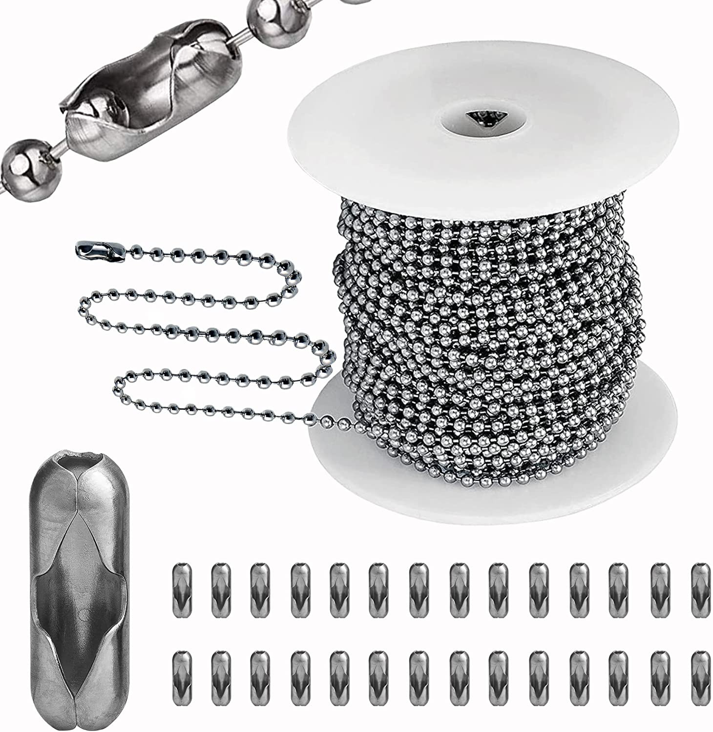 Ball Bead Chain, 55ft Stainless Steel Chain Ball Chain Necklace Bulk with 100 Pi