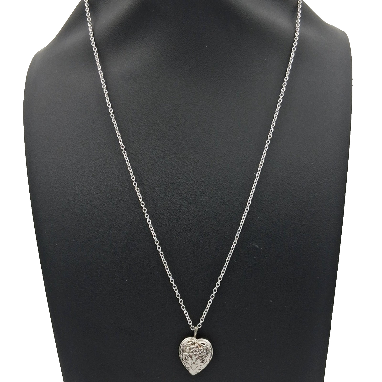 Silver Tone Puffed Heart Pendant Necklace Embossed Floral Double Sided 18″