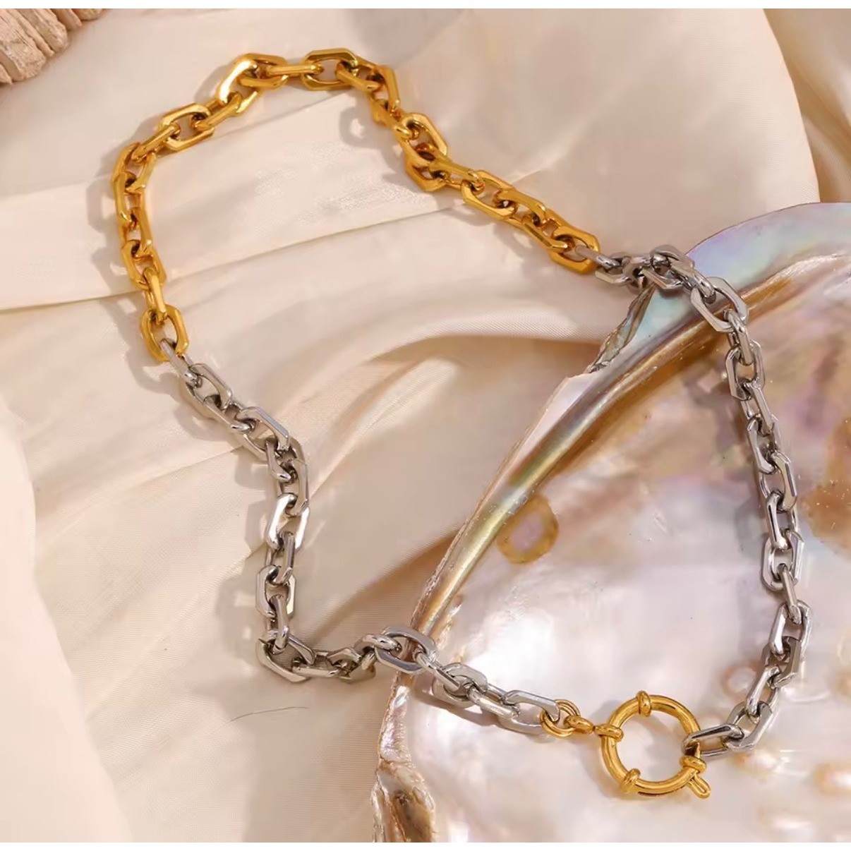 Two Tone Chunky Chain Link Necklace Gold Silver Mixed Metal Sailor Clasp Choker
