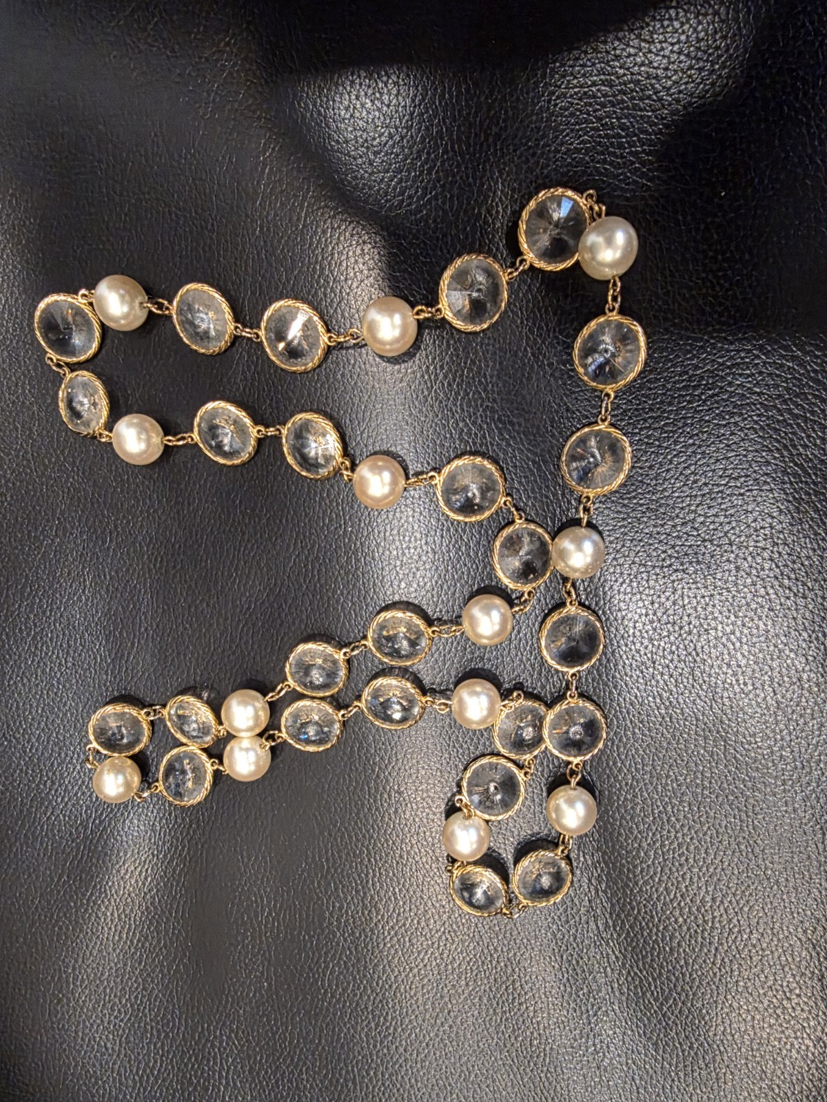 French Fancy Bezel Set Double Point Crystal & Glass Pearl Rope Necklace 32″ L