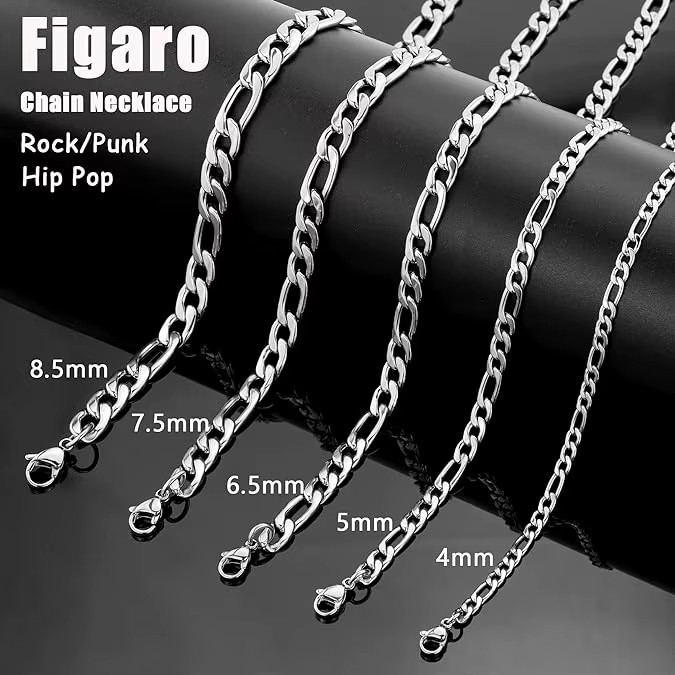 Stainless Steel Figaro Chain Necklace 16″-36″ Men Women Link 3/4/5/7/9/10/12mm