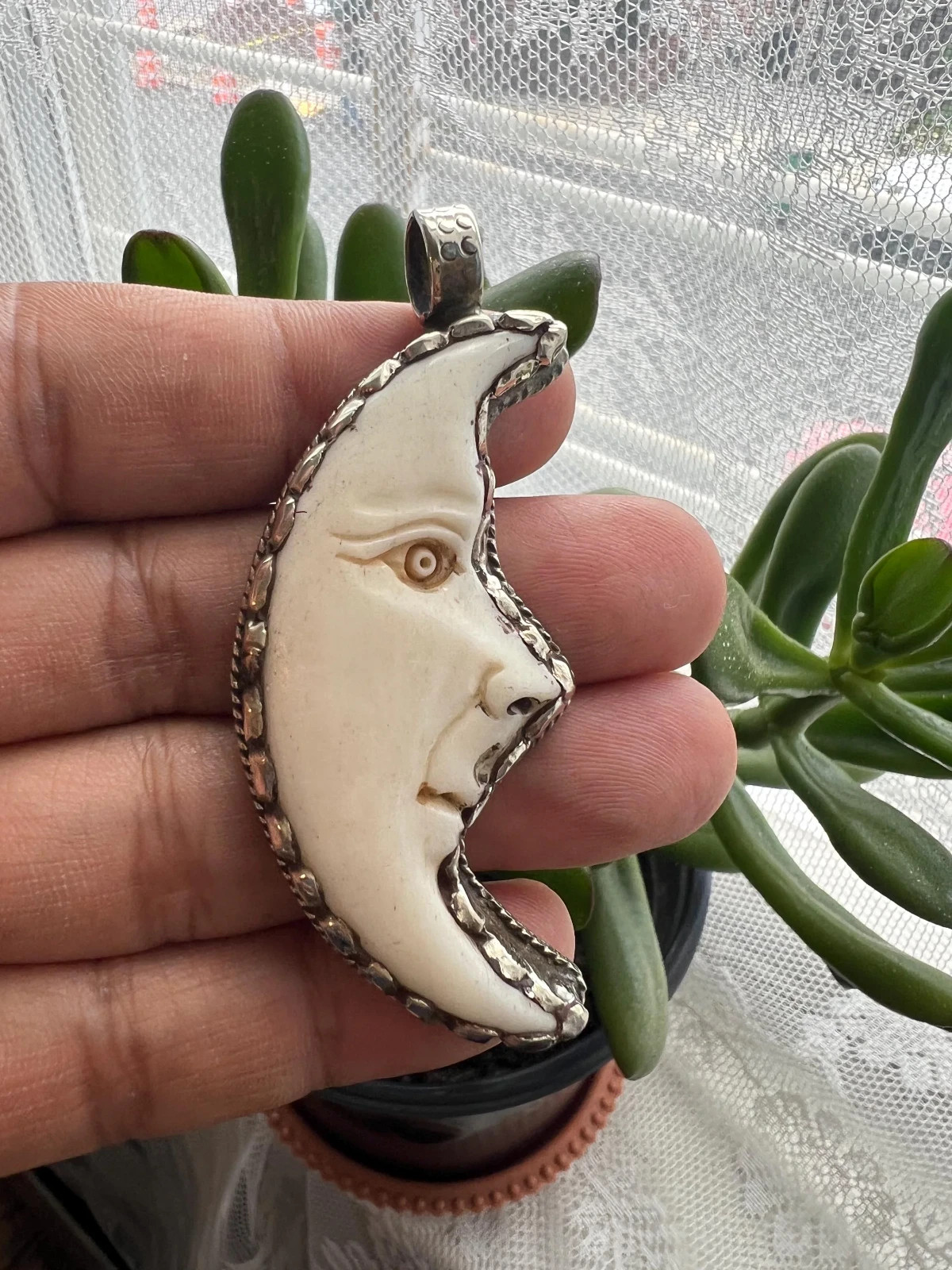Crescent moon carved pendant, Tibetan silver, Handcrafted(P-R)