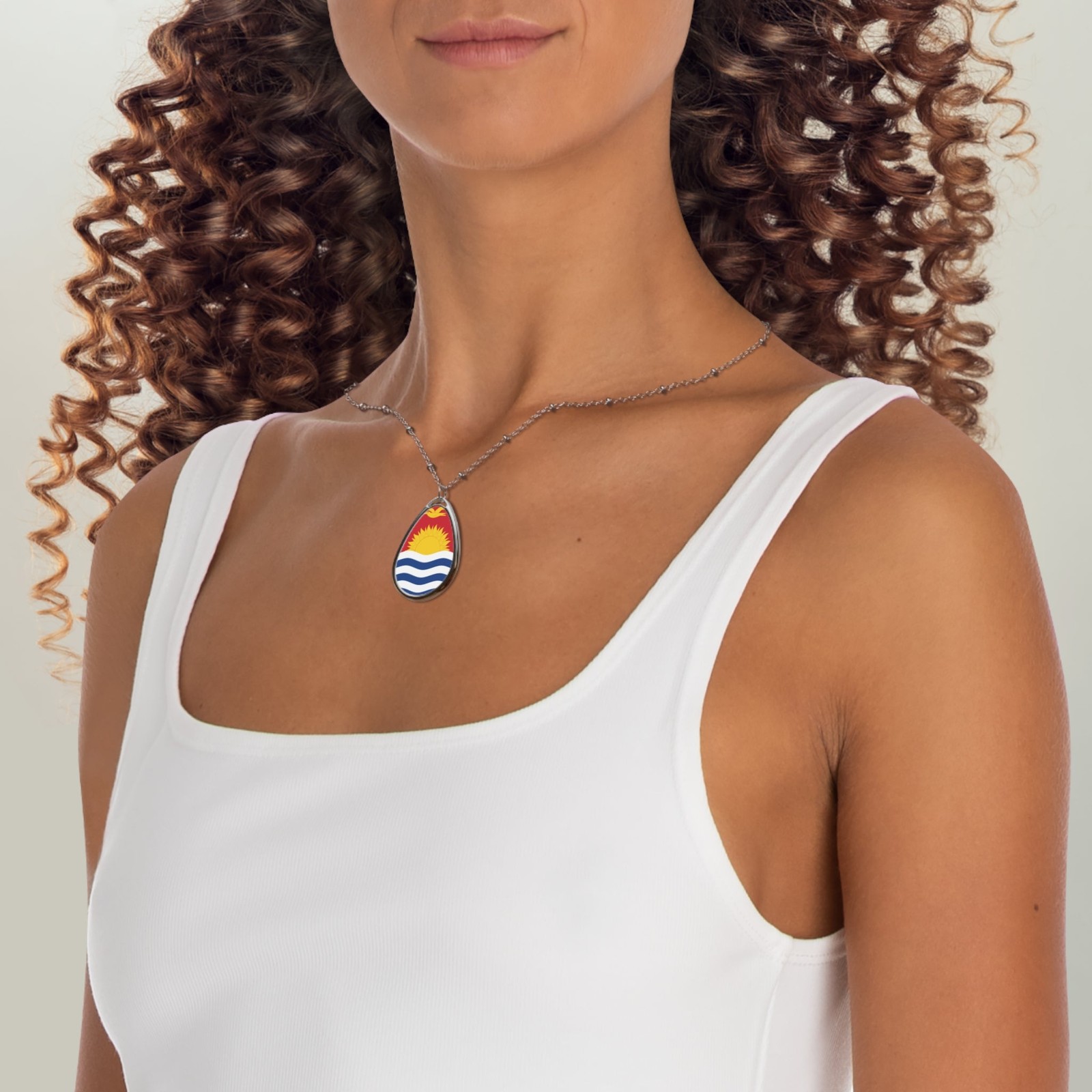 Kiribati Flag Oval Necklace – Heritage Pendant Jewelry – One Size / Silver