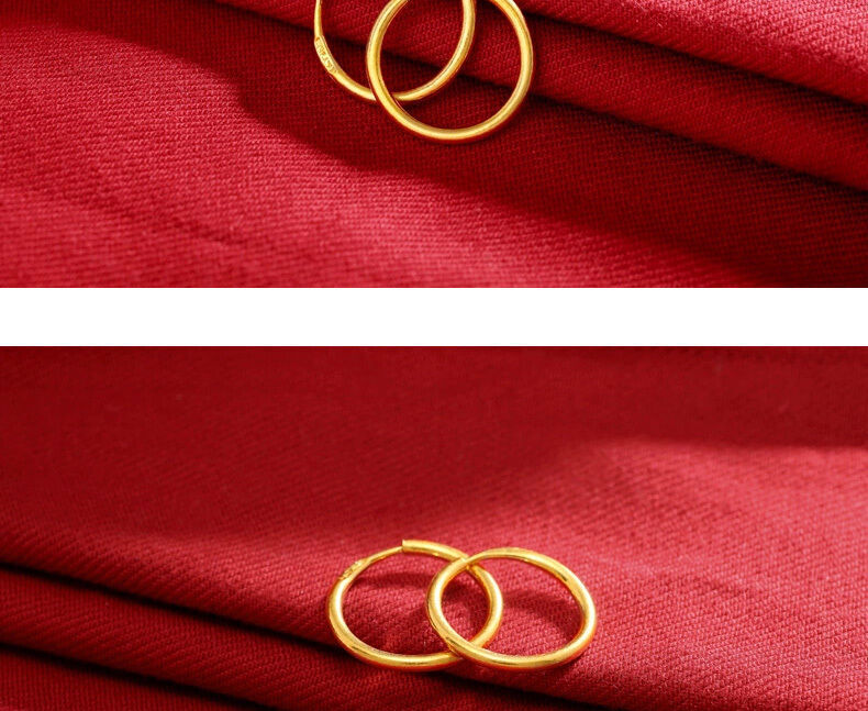 New Authentic 24K Yellow Gold Earrings Women’s Elegant Smooth Hoop Earrings 12mm