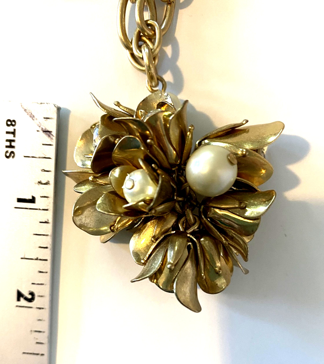 J Crew Gold tone Chunky Flower Pearl Crystal Bouquet Long Statement Necklace 30″