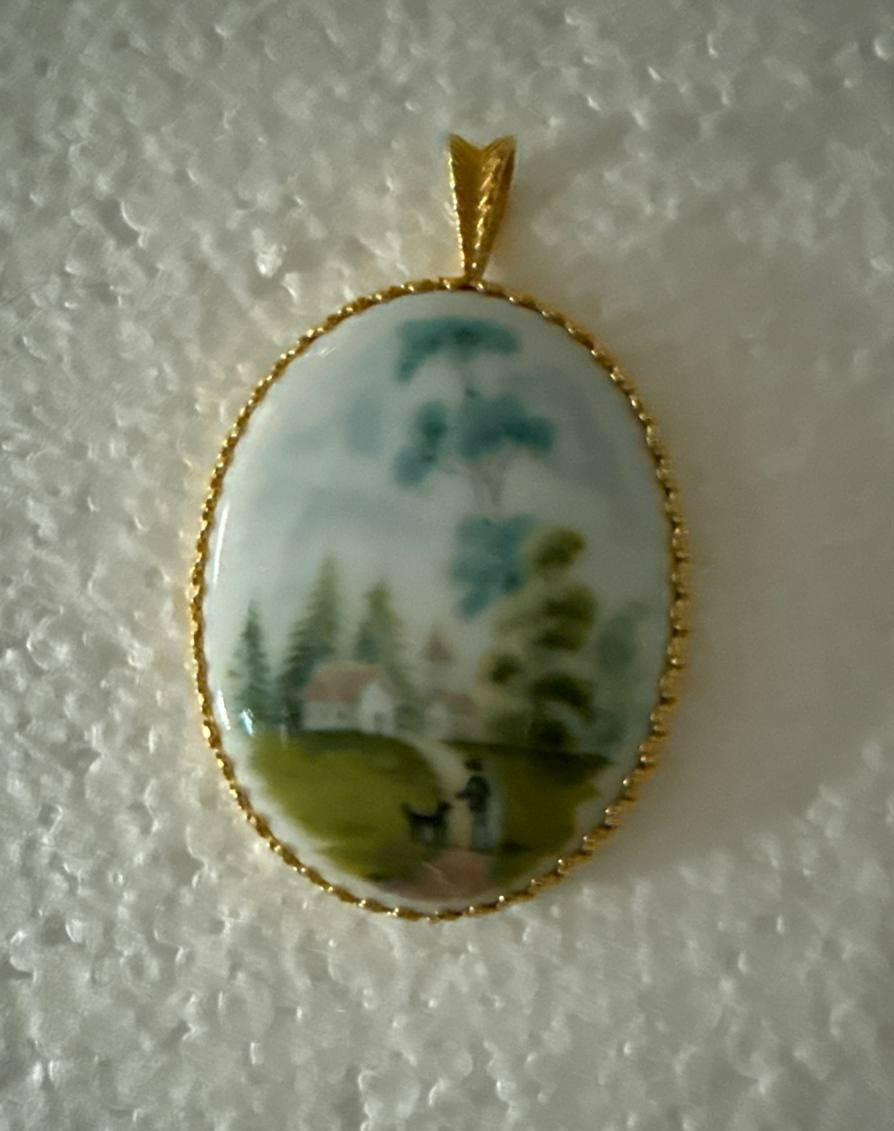 Vintage Pendant Porcelain Hand Painted Scene Boy/Dog by Kaiser W Germany