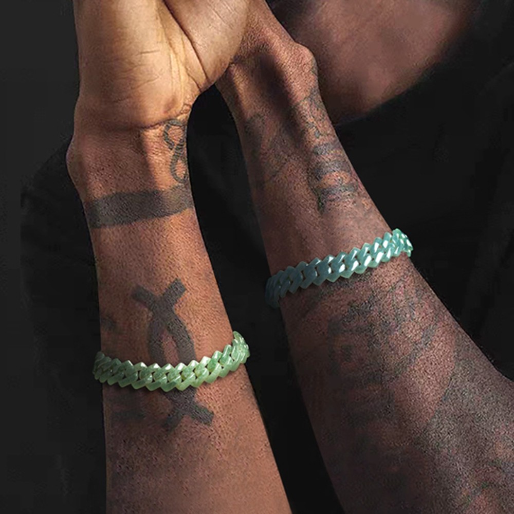 Certified Grade A Green Blue Burma Jade jadeite Cuban Chain Bracelet Necklace