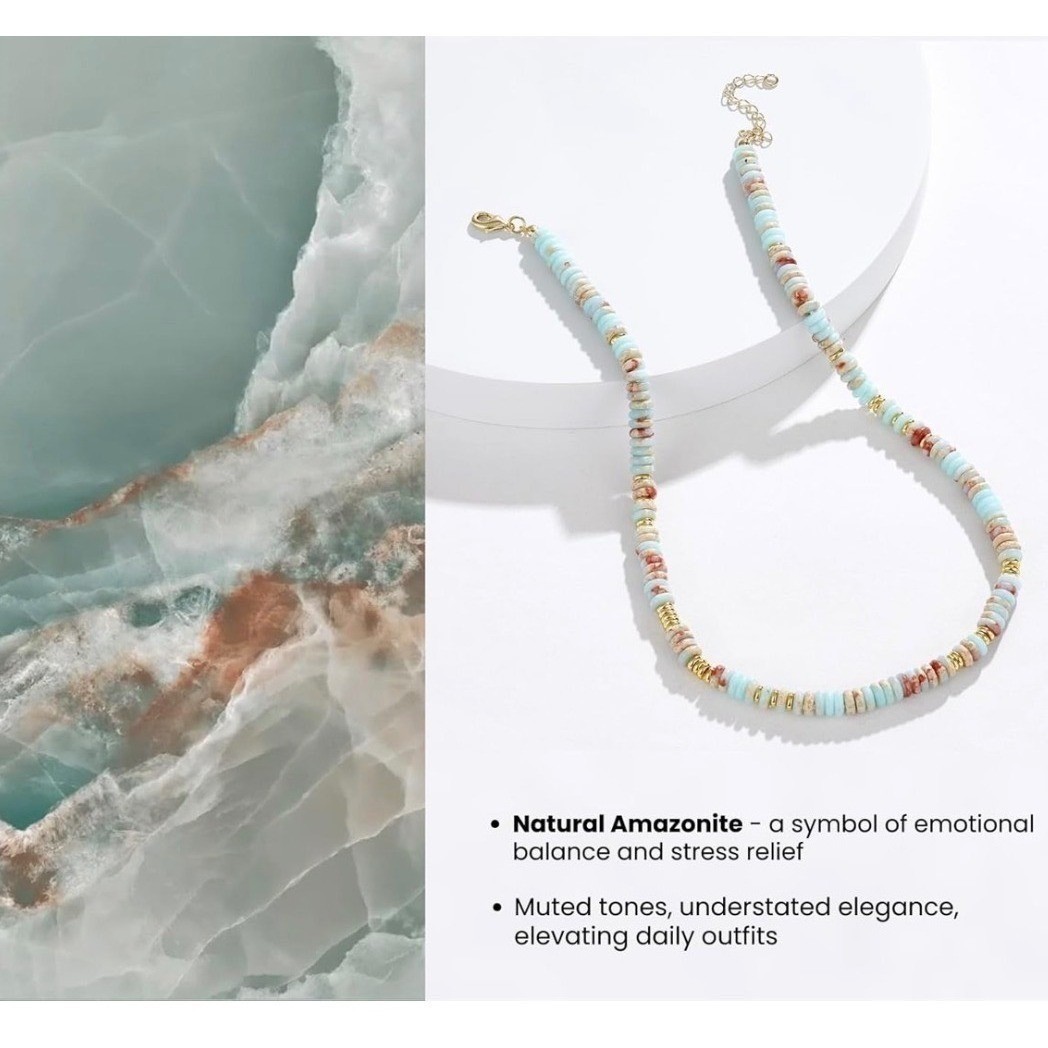 Natural Amazonite and Freshwater Pearl Beaded Necklace Gold Tone Adjustable