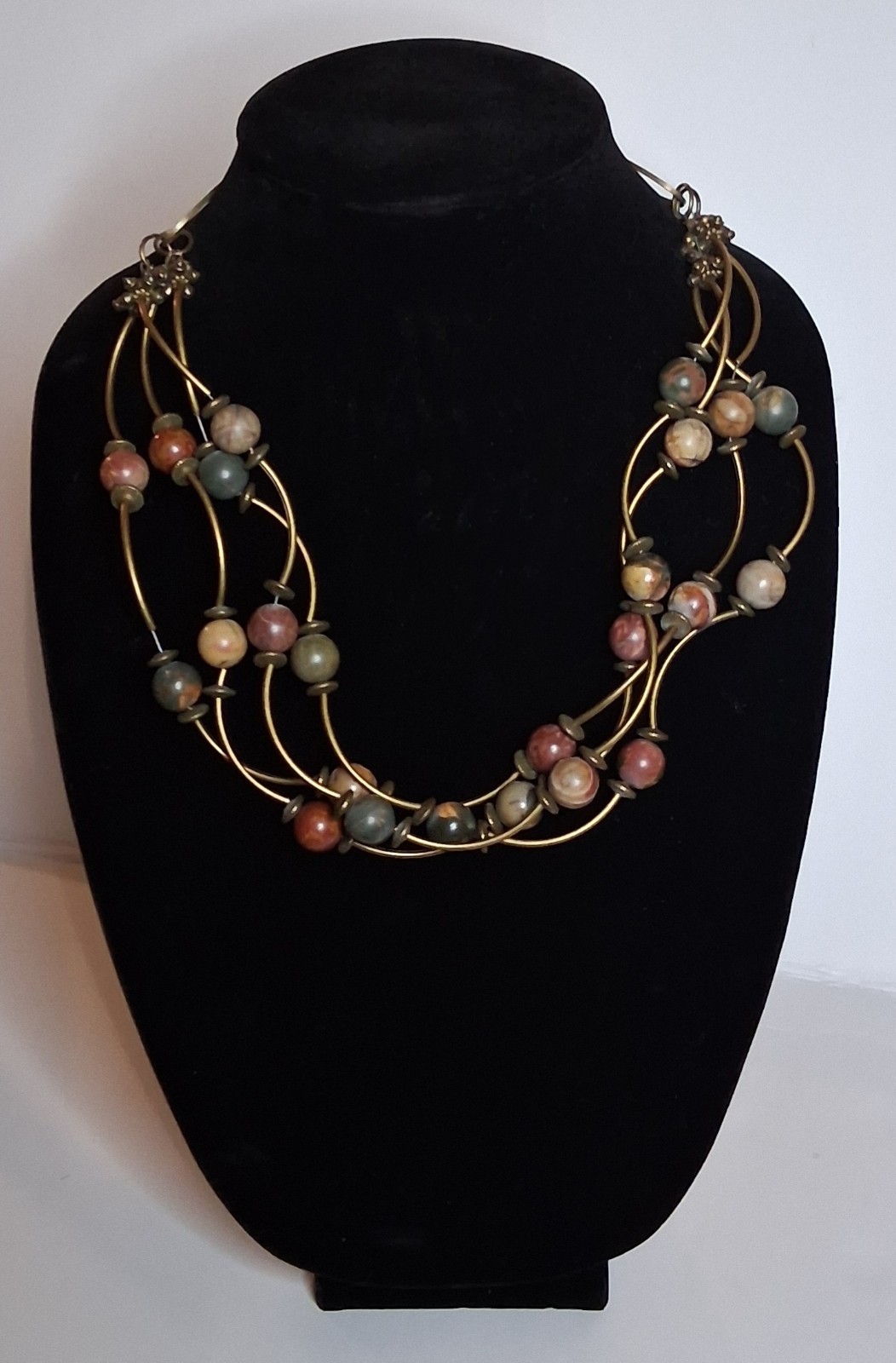 Multicolor Stone Beaded Statement Necklace Gold Tone Oval Link 18in Adjustable