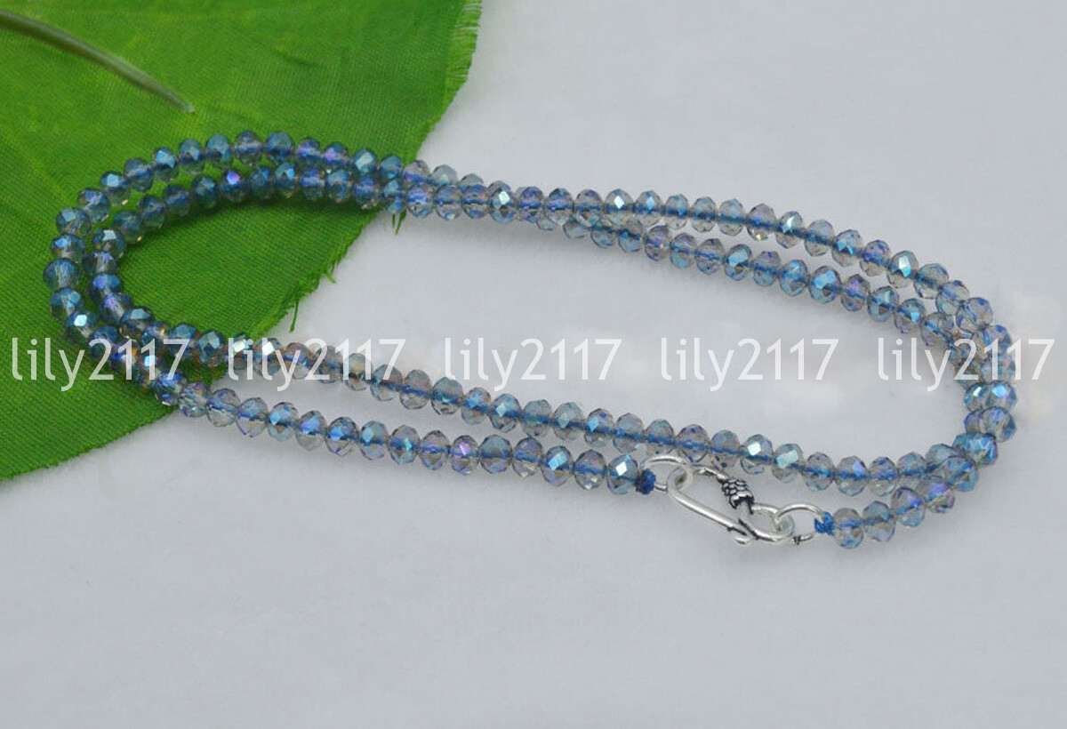 3x4mm Blue AB Crystal Faceted Roundel Gems Beads Necklaces Silver Clasp 18-50″