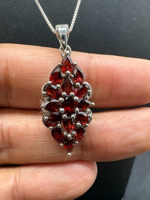 Natural Red Garnet Floral Cluster Pendant, Sterling Silver Statement Jewelry