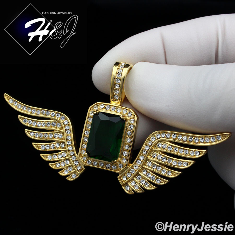 MEN’s Stainless Steel Green Rhinestone Gold Plated Flying Wing Pendant*GP108