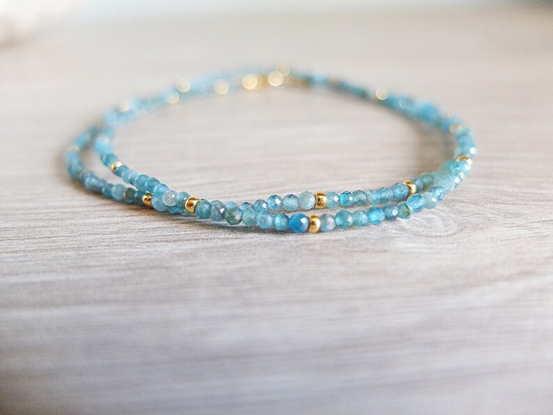 A++ Dainty Apatite Faceted Round Gemstone Gold Filled Beads Women Necklaces 24”