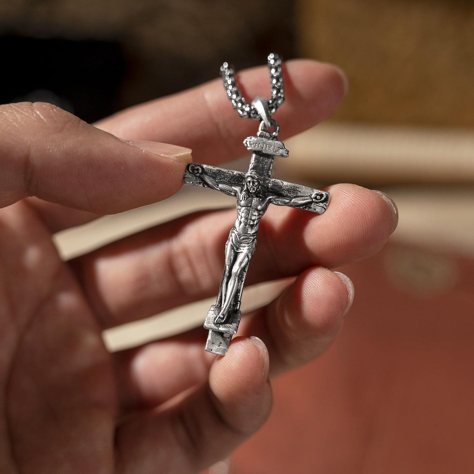 Sterling Silver Crucifix Pendant Necklace for Men Jesus Cross Necklace for W