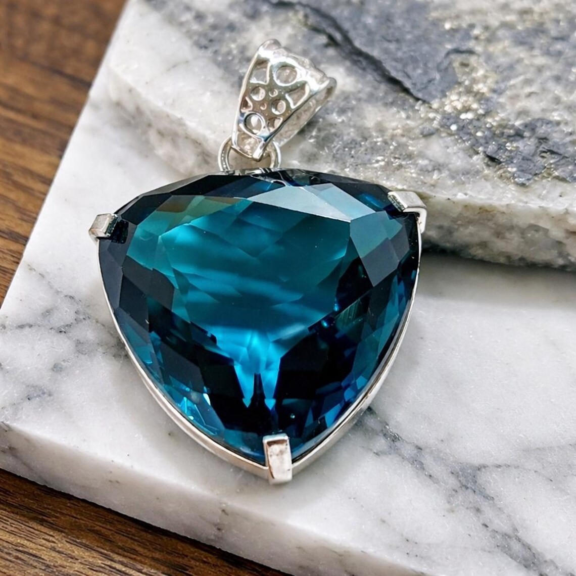 70+ Ct Green Bluish Topaz Color Glass German Silver Trillion Shape Gemstone