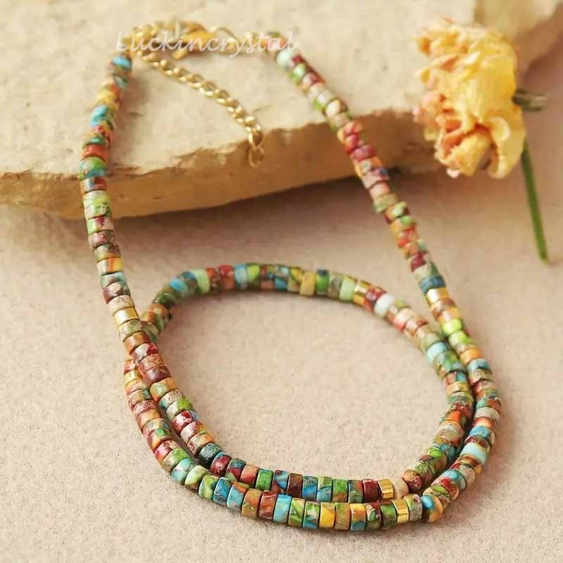Natural Cube Floral Imperial Jasper Beaded Choker Summer Minimalist Necklace