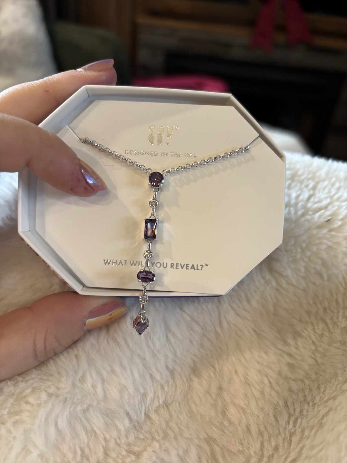 Necklace BP NK63406 Rhodium Plated Silver Amethyst CZ Y-Drop 18in Adjust
