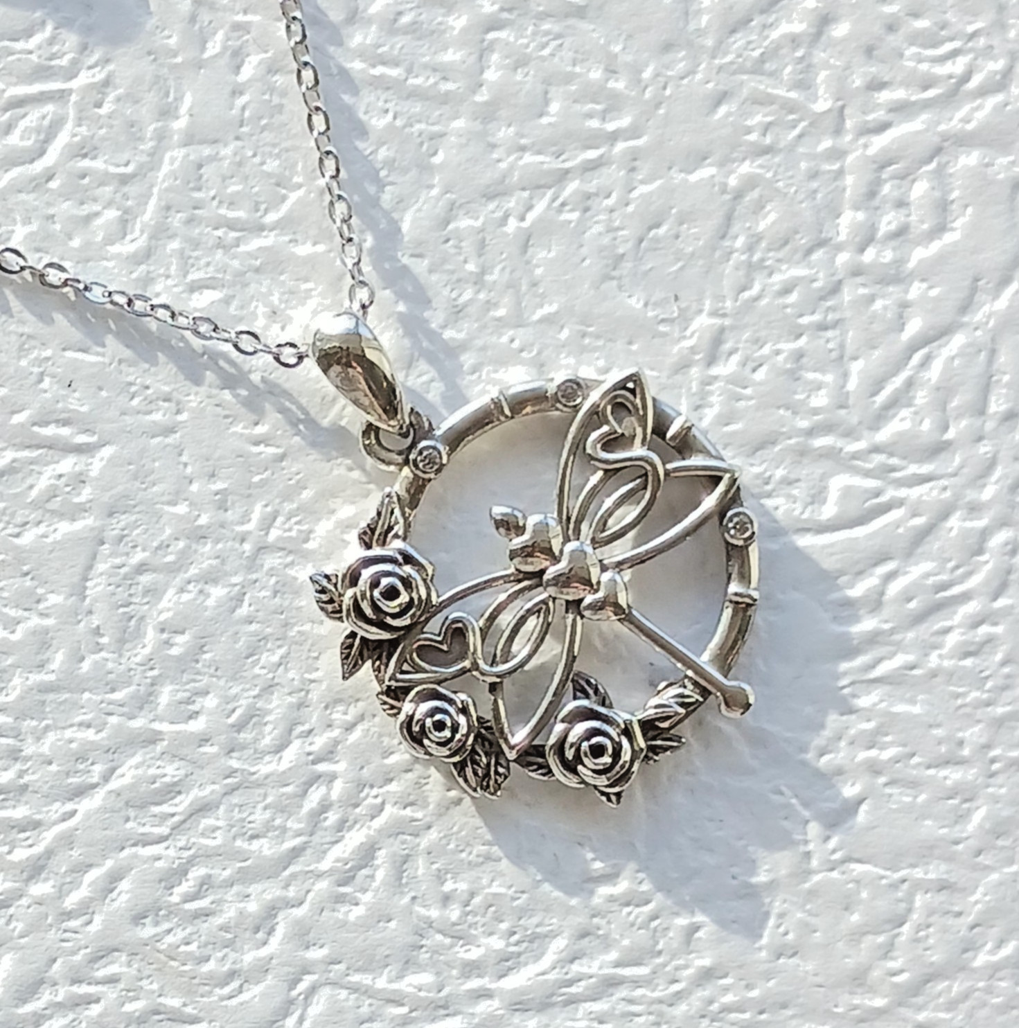 US Seller, Sterling Silver 925 Hearts & Flowers Dragonfly Compass, 18+2″ Chain