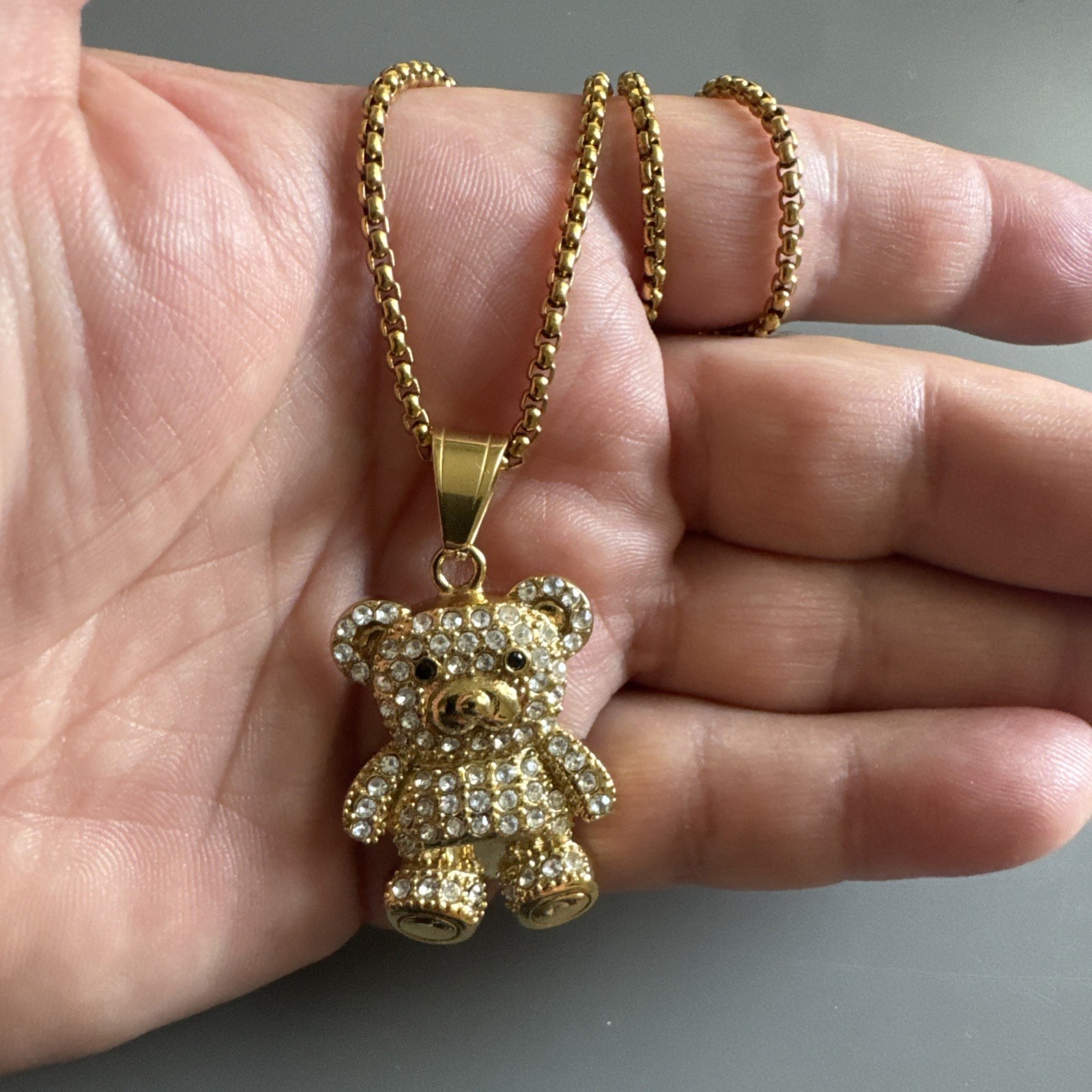 Teddy Bear Studded Gold Plated Stainless Steel Pendant 24 Inch Necklace Gift Her