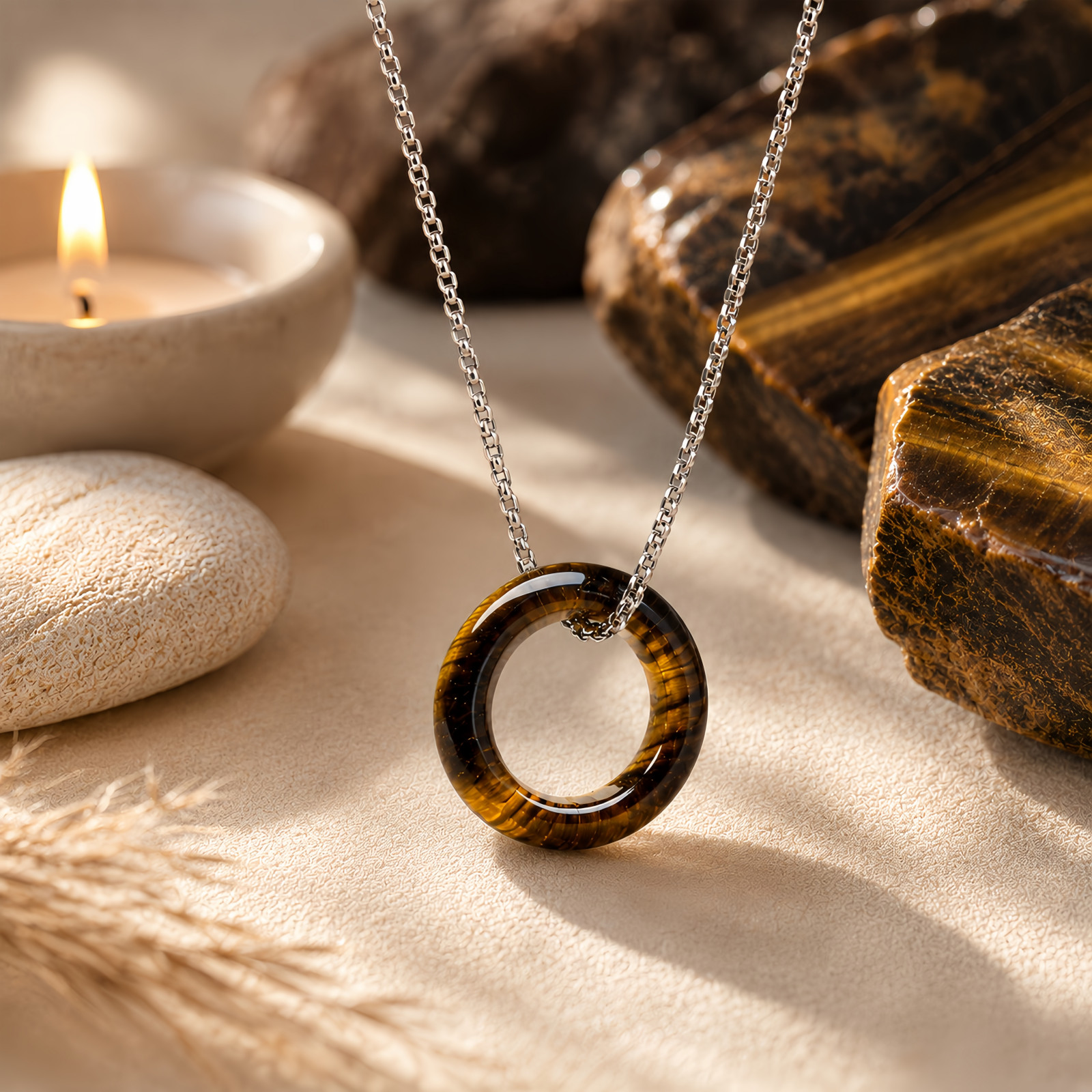 Natural Stone Pendant Necklace for Women, Round Donut Pendant