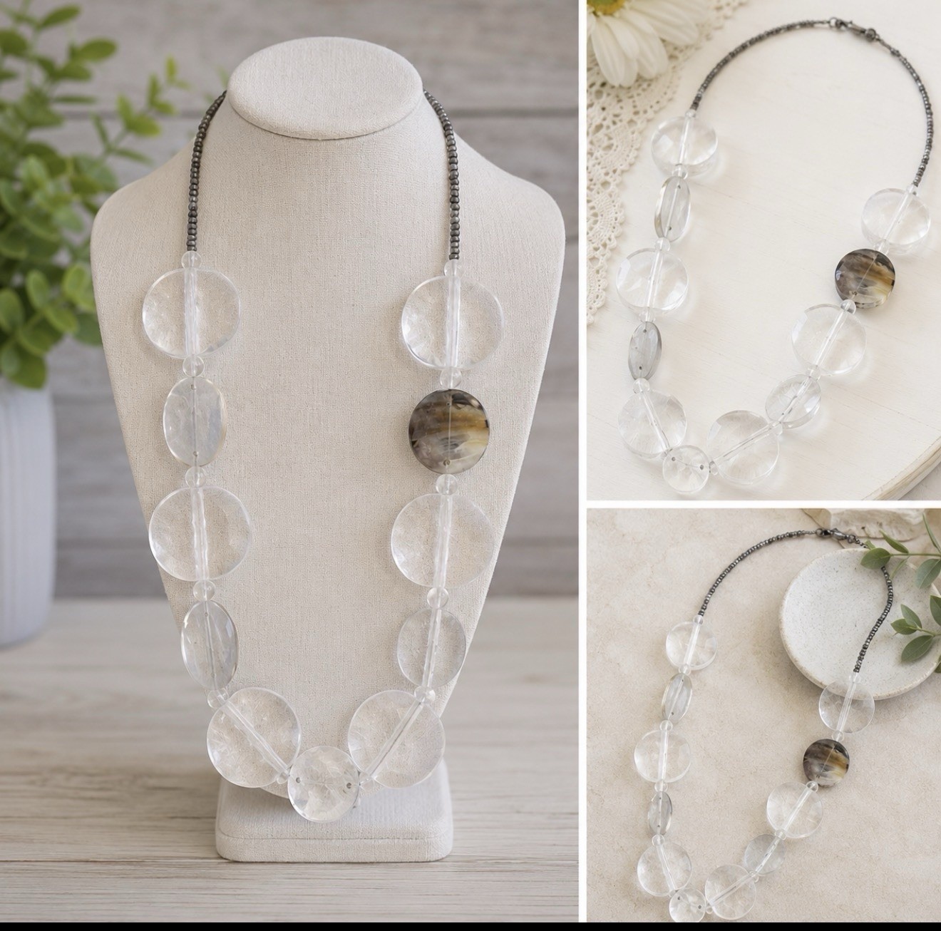 Chico’s Clear Beaded Mother of Pearl Disc Long Statement Necklace Geometric