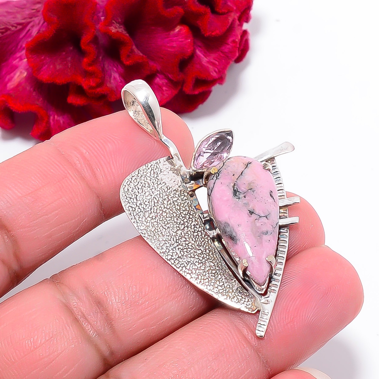 Black Manganese In Rhodonite & Pink Kunzite 925 Silver Pendant 1.99″ P1028810229