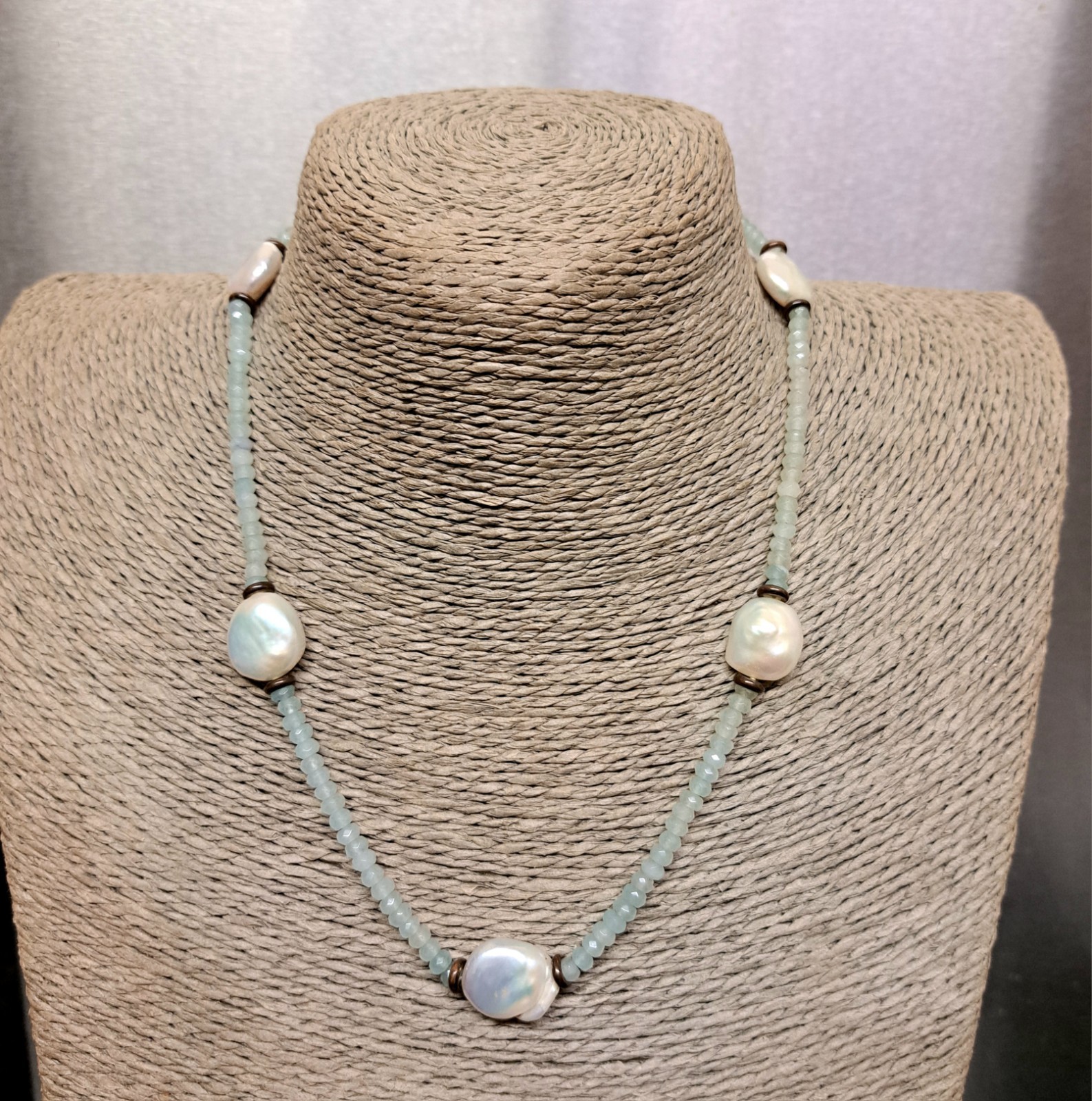 Vintage Necklace Coin pearls/ Faceted Gemstone Amazonite 46cm long