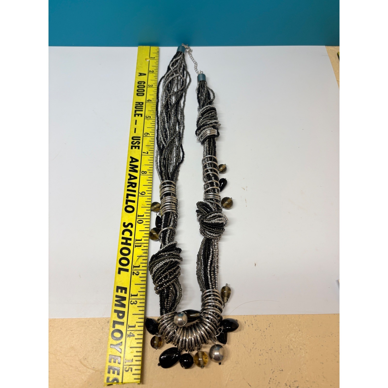 Multi Strand Knotted Seed Bead Statement Necklace Silver Black Grey