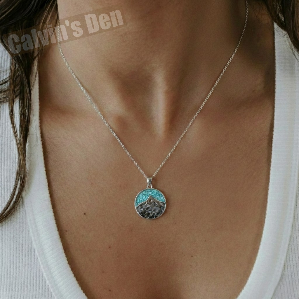 Blue Turquoise Lava Stone Chip Inlay Mountain Landscape Pendant Necklace Nature