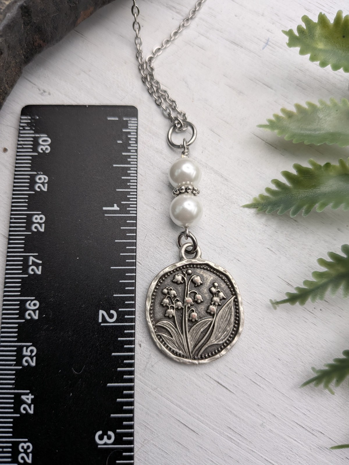 Silver Lily Of The Valley Pendant Necklace With White Pearls / Flowers Gift