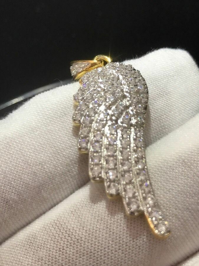 Angel Wing Pendant 14k Gold Plated Genuine Sterling Silver Simulated Diamonds