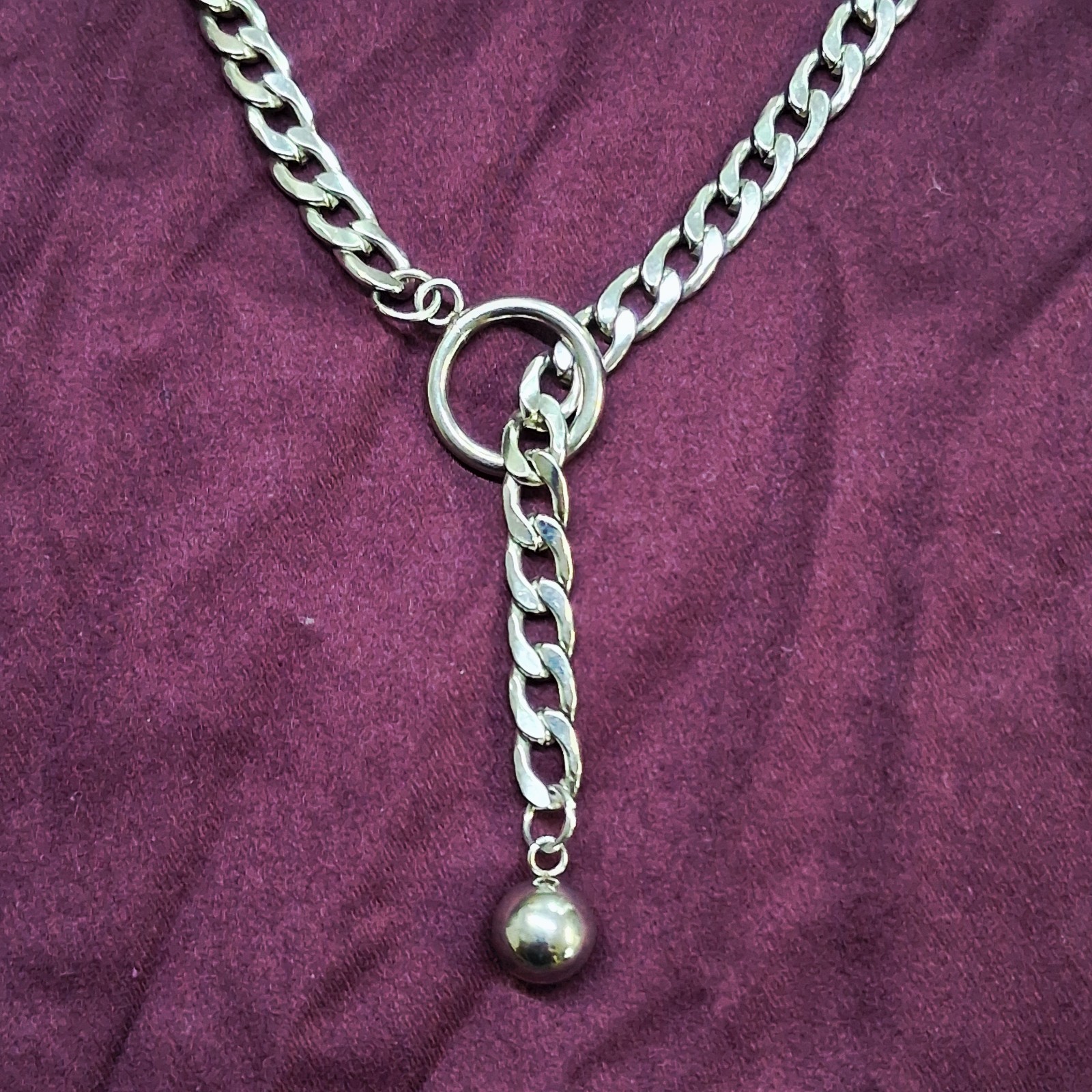 Polished Silver Tone Ball & Hoop Pendant Heavy Curb Link Chain Necklace