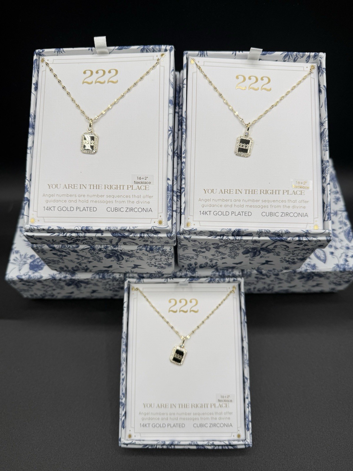 “222” Gold Plated CZ Necklace Square Design New Fancy In Box