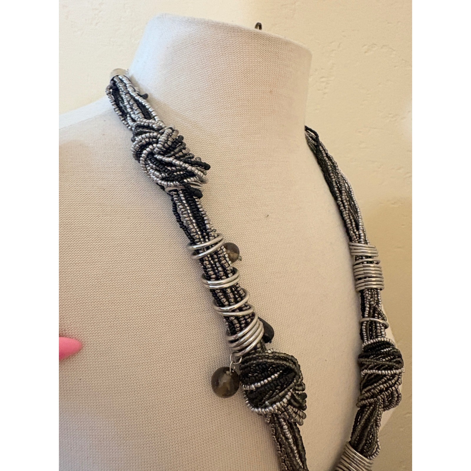 Multi Strand Knotted Seed Bead Statement Necklace Silver Black Grey