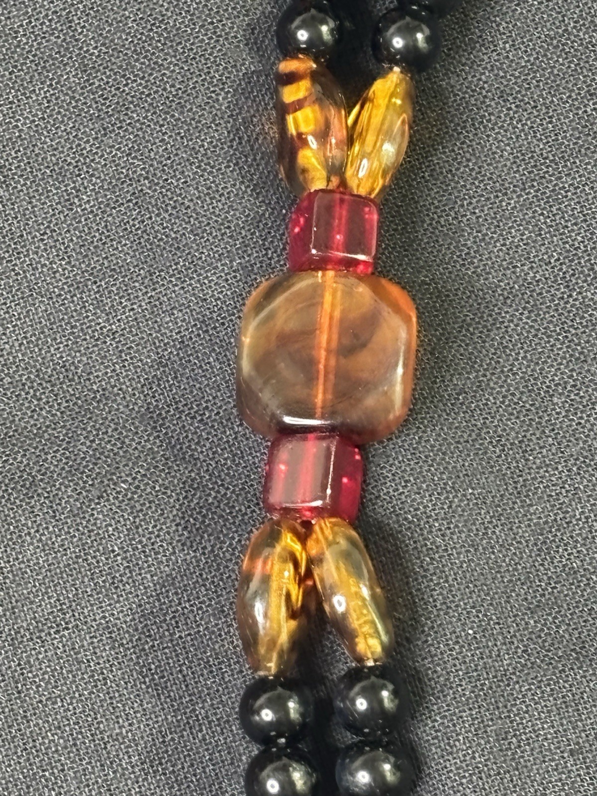 Angela Caputi 62” Tribal Style Single Strand Red, Black And Amber Bead Necklace