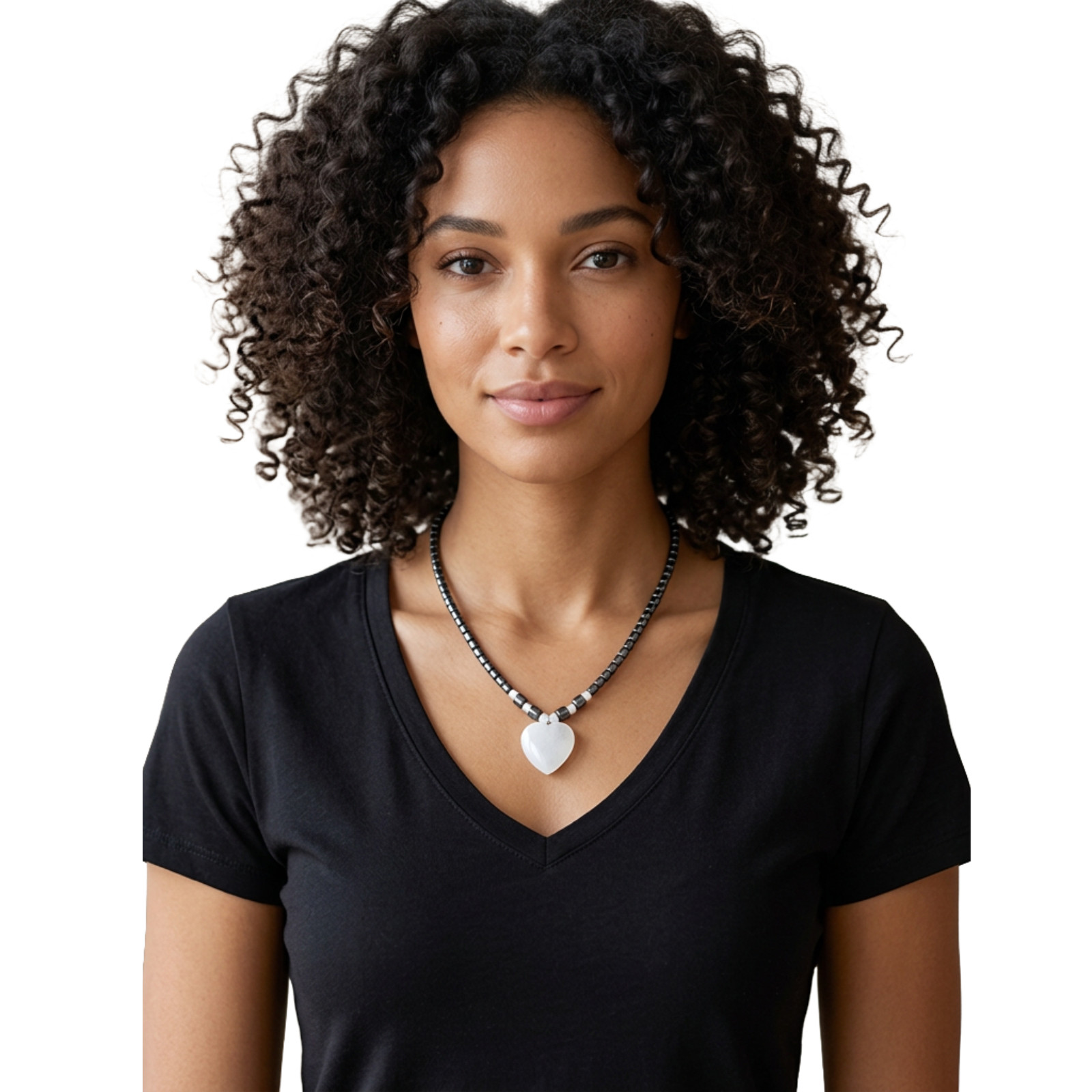 Hematite Choker Necklace Heart Pendant 18in 46cm Beaded Stone Good Vibes Gift