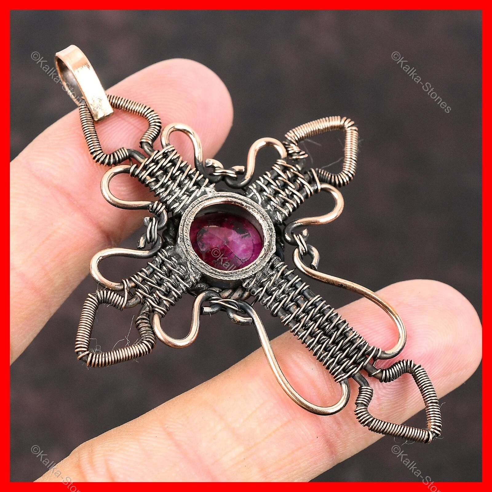 Kashmir Rubi Gemstone Copper Cross And Wire Wrapped Ethnic Wife Pendant Jewelry