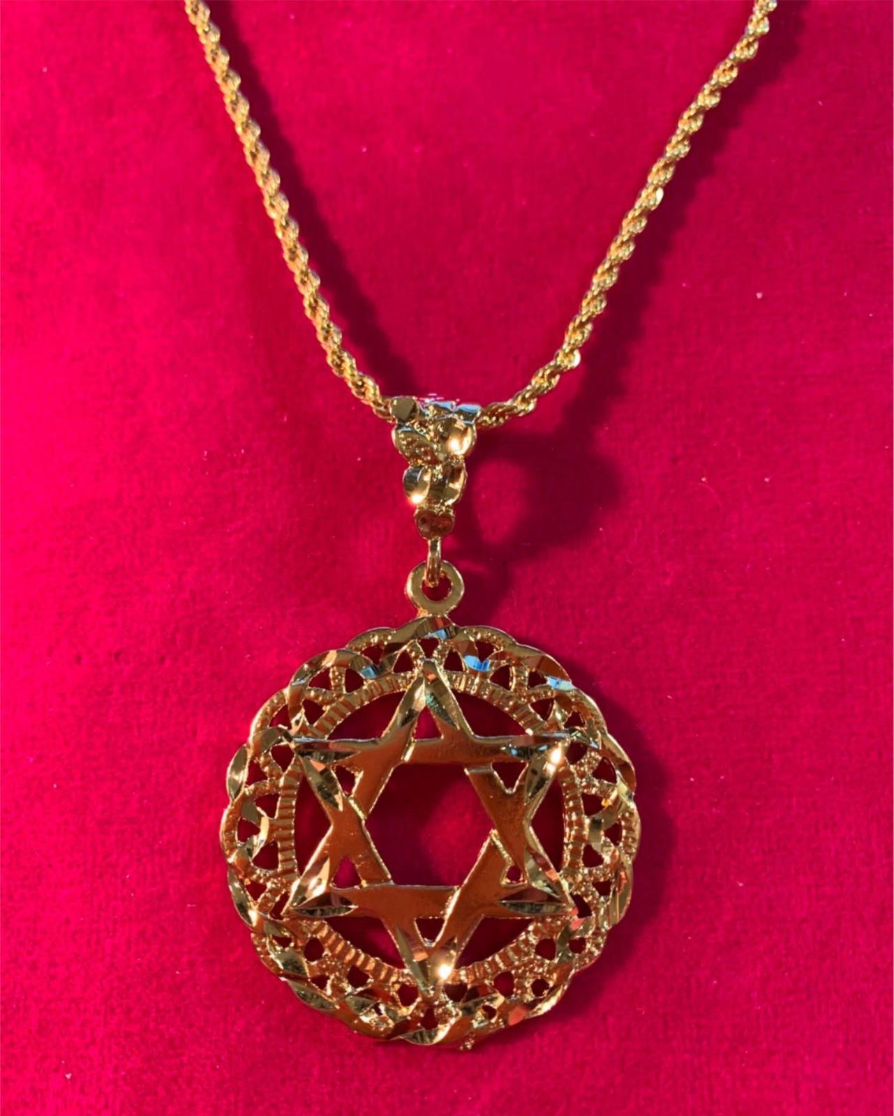 14 KT GOLD PLATED JEWISH STAR CHARM OVER 2″ HIGH & 16″-30″2.5MM ROPE CHAIN 4542