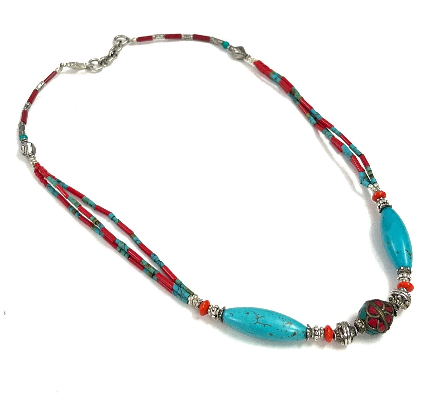 Turquoise Coral Gemstone Tibetan Statement Necklace Jewelry, 18 inch Adjus