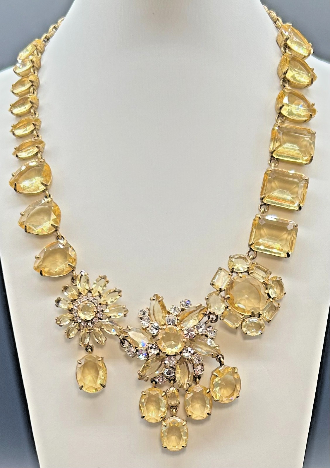 J Crew Yellow Citrine Crystal Rhinestone Cluster Bib Statement Necklace VTG NWOT