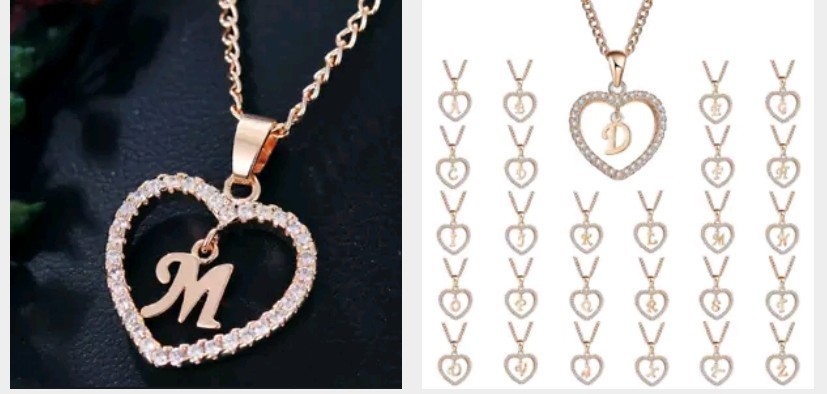 Letter Heart Necklace – Rose Gold Pendant Crystal Rhinestone Inital Charm Bling