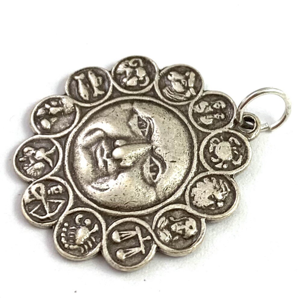 Zodiac Charm Necklace Pendant Silver Tone Metal All Twelve Signs With Face