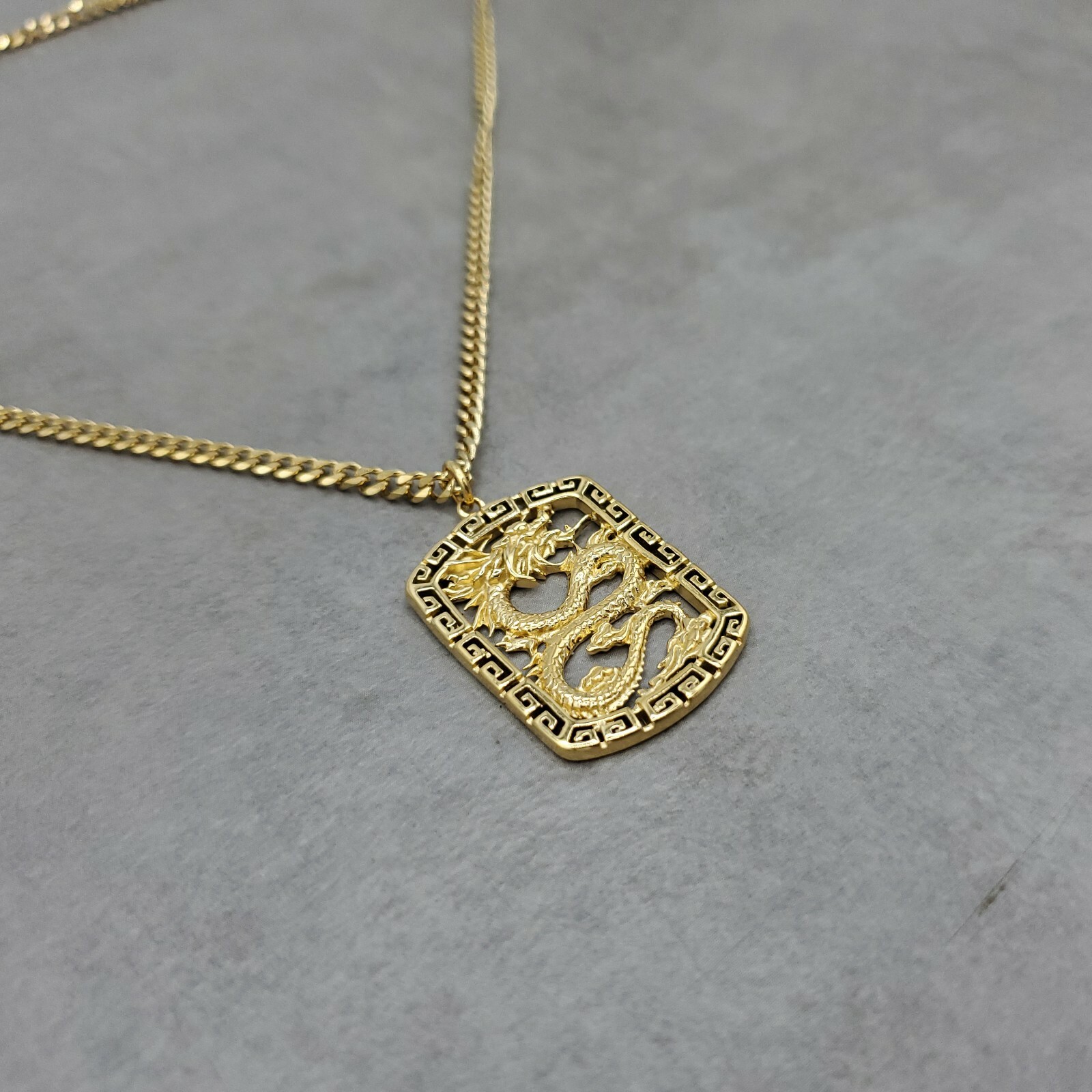 Dragon Square Pendant GOLD Plated Necklace Asian Mythology Power Strength Health