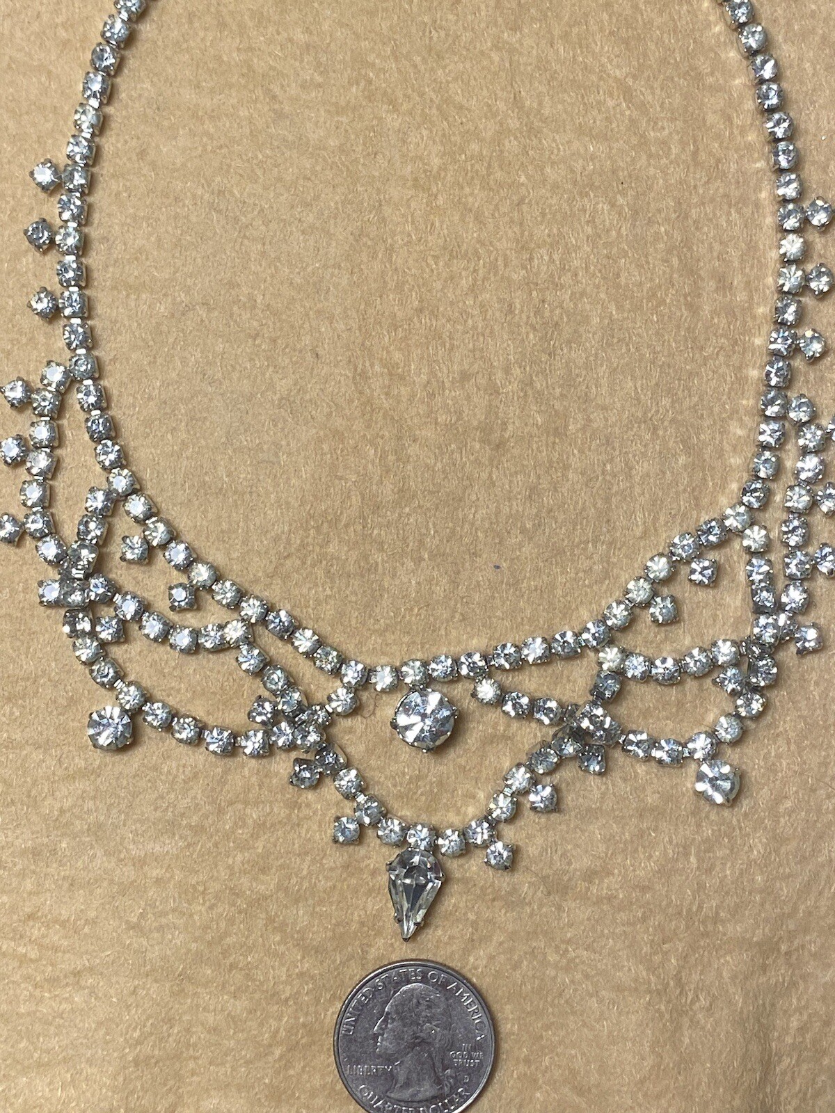 Vintage White/colorless Layered, Double Drop Rhinestone 14” Choker Necklace.