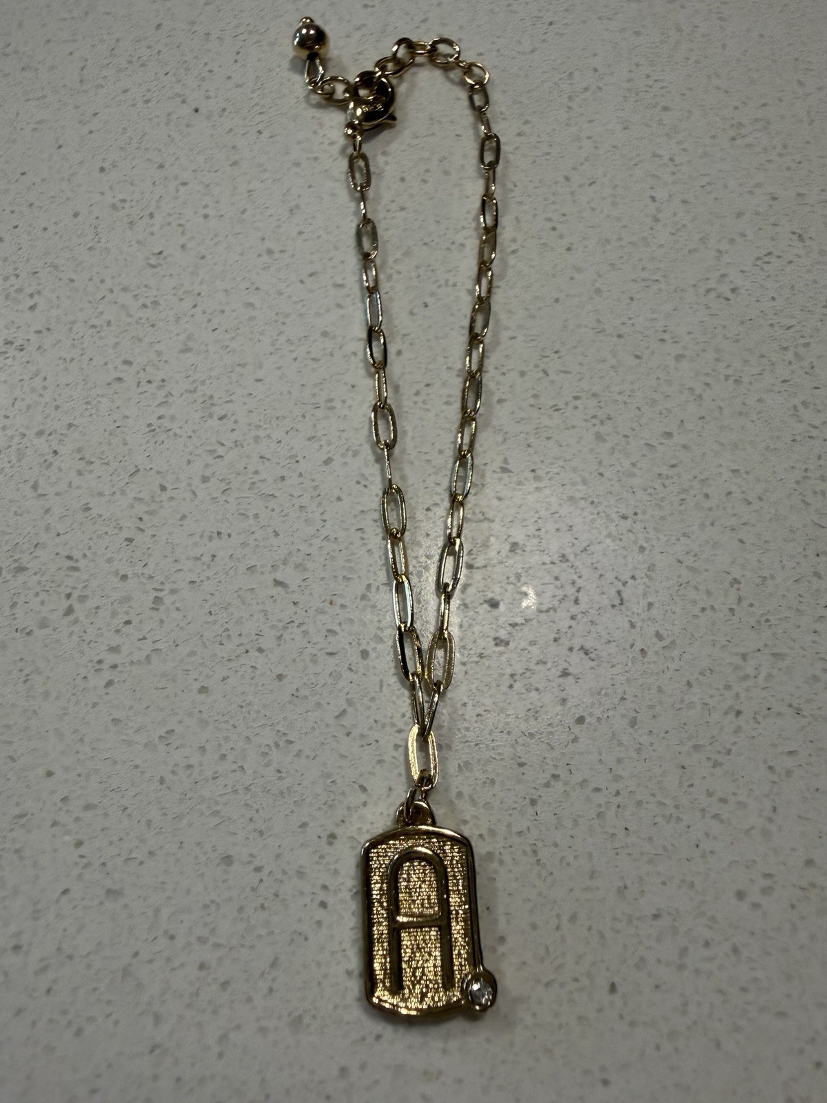 Gold Tone Oval Link Chain Necklace, Rectangle Pendant, Clear Crystal, Lobster A