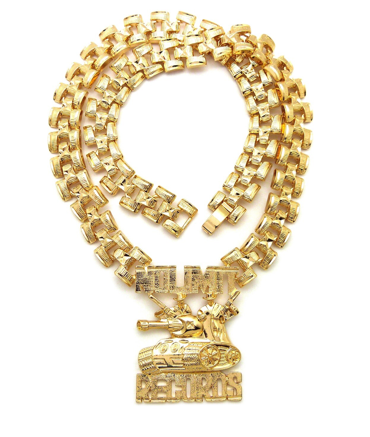 Hip Hop Icy Gold PT No Limit Records Tank Pendant & 13mm 20″ Tank Chain Necklace